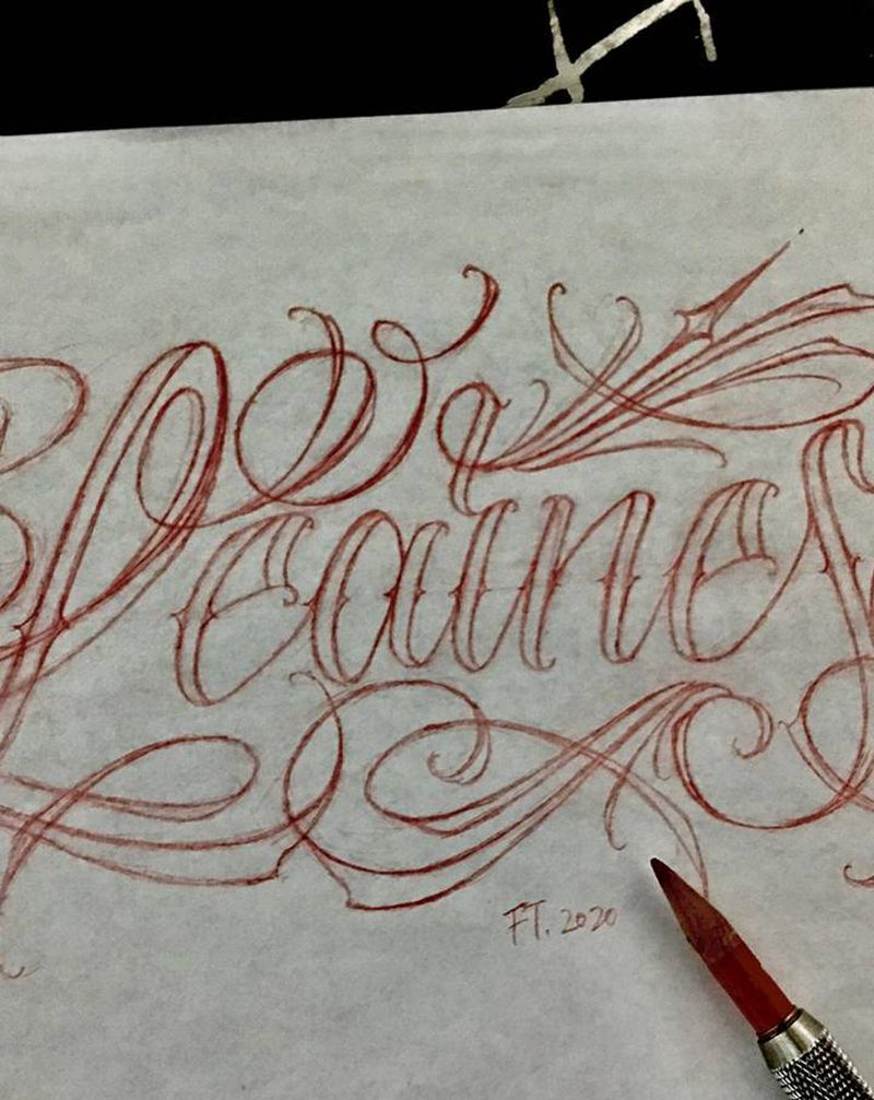 花体字纹身图片_腿部腰部花体字字母单词纹身图案