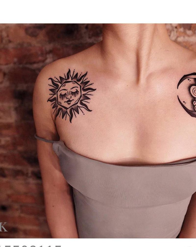 日月星辰纹身图片_胸部肩部Old School点刺太阳月亮纹身图案
