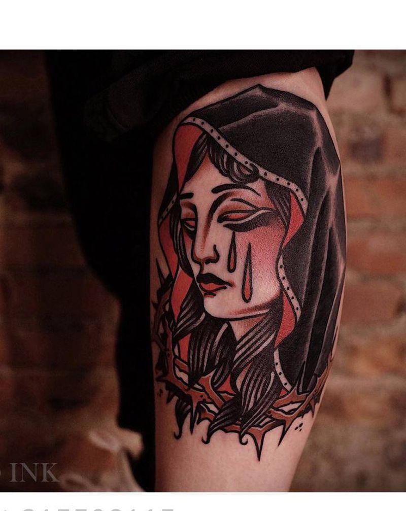 修女•Nun纹身图片_腿部脚部老传统Old School修女宗教纹身图案