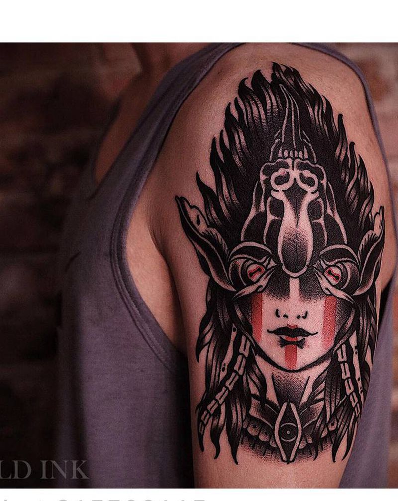 山羊女纹身图片_手臂肩部老传统Old School山羊恶魔女人纹身图案