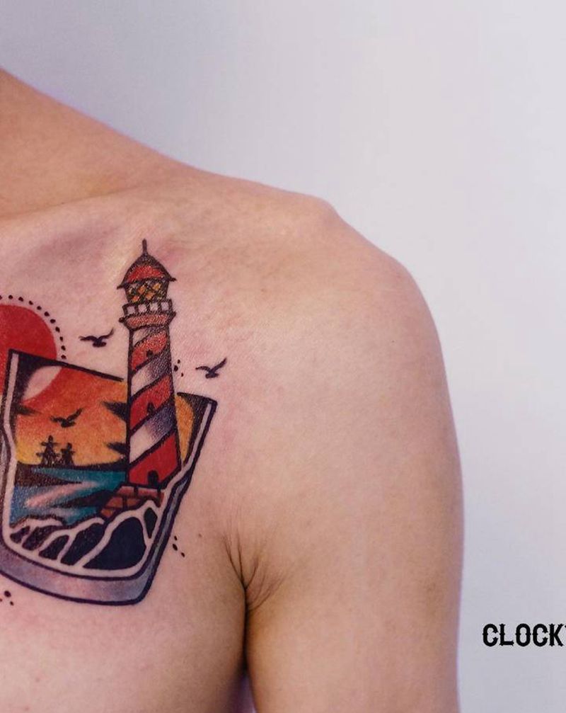 酒杯灯塔纹身图片_肩部胸部老传统Old School酒杯灯塔纹身图案