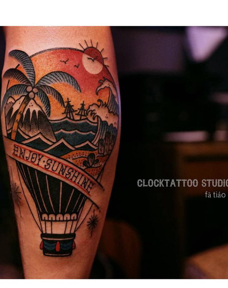 热气球里的海边沙滩纹身图片_腿部老传统Old School热气球大海沙滩纹身图案