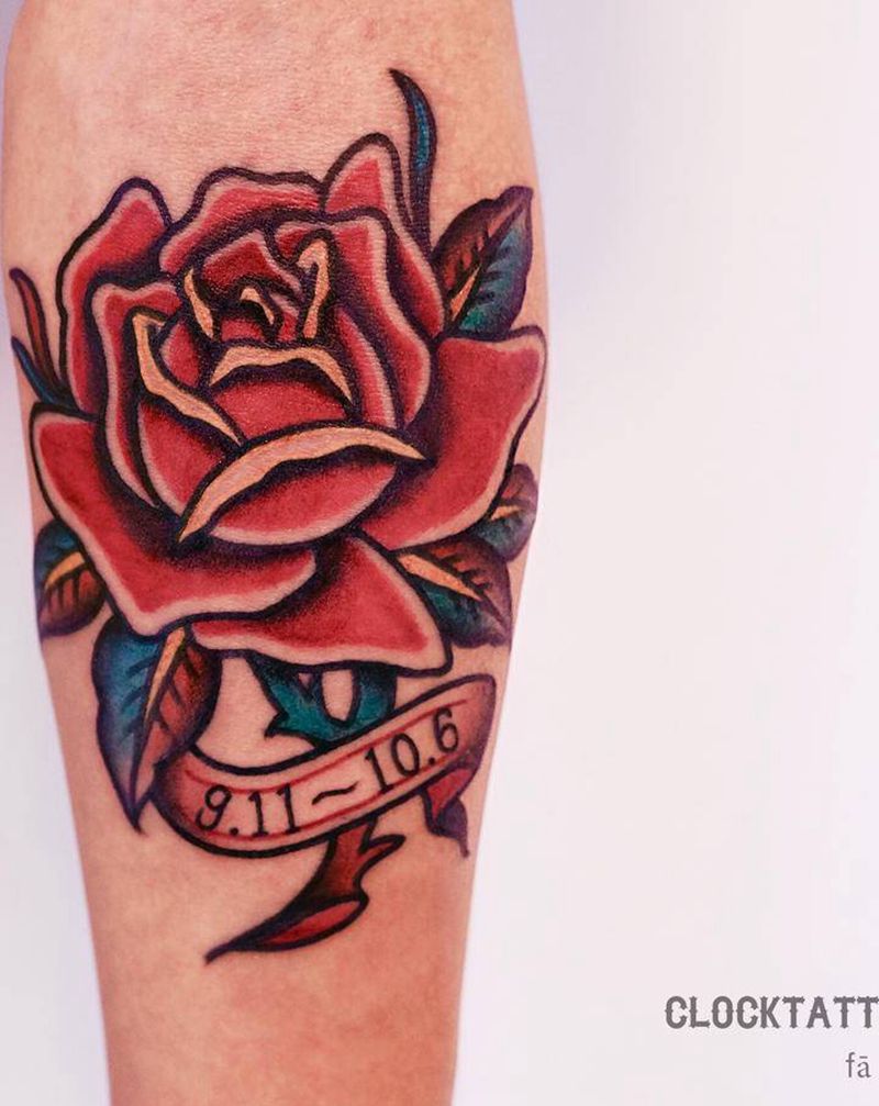 RoSe纹身图片_手臂老传统Old School玫瑰飘带纹身图案