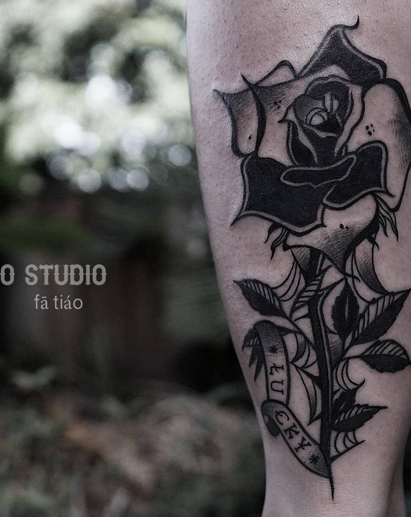 BlAck RoSe纹身图片_腿部脚部Old School玫瑰纹身图案