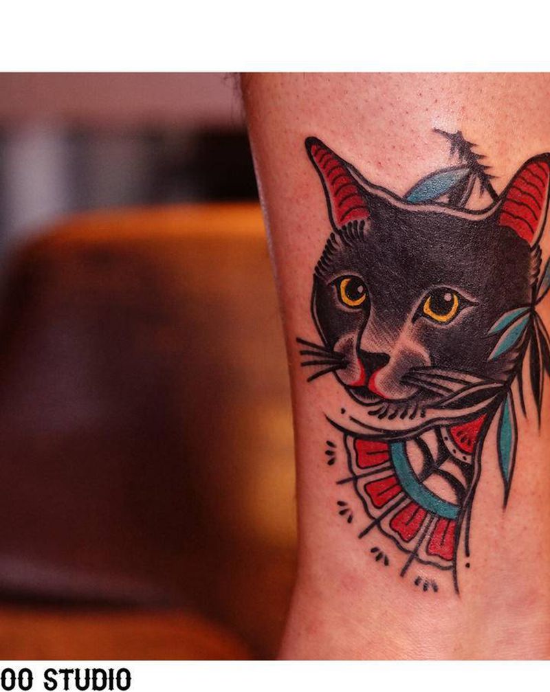 猫咪纹身图片_腿部脚部老传统Old School猫咪花纹身图案