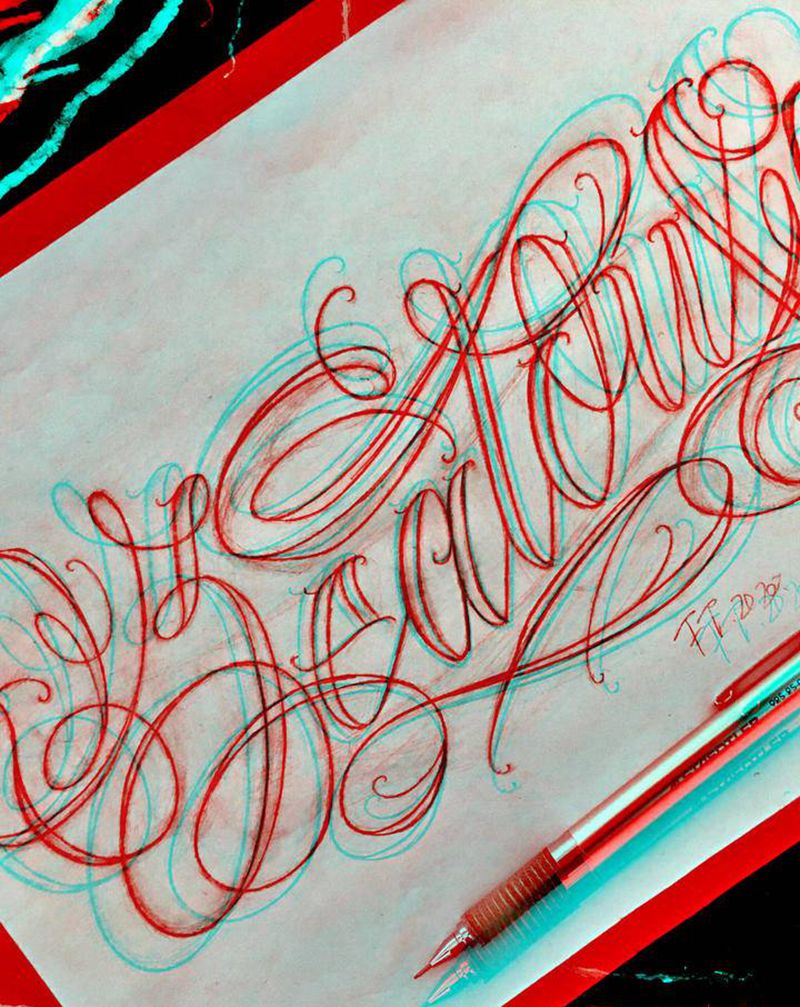 花体字设计纹身图片_腿部臀部花体字单词名字纹身图案