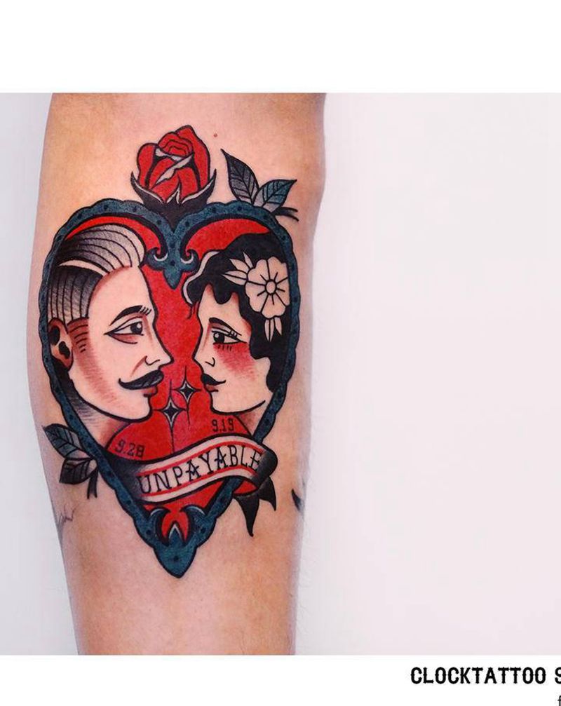 爸爸和妈妈纹身图片_腿部老传统Old School人物家人纹身图案