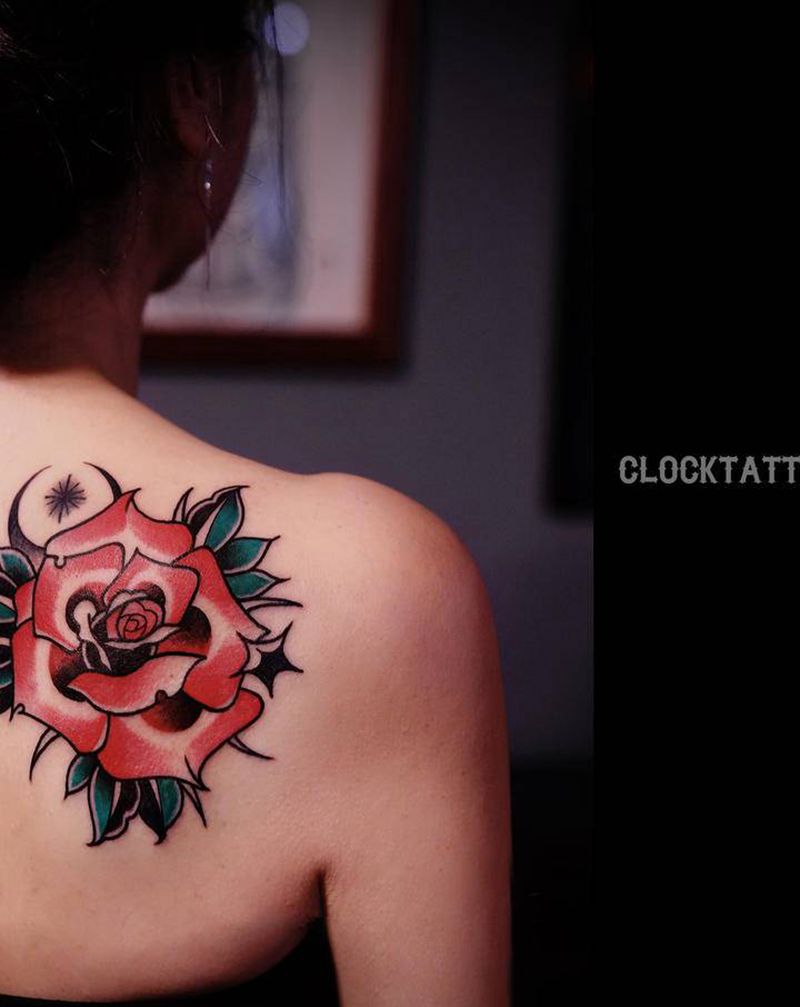 玫瑰纹身图片_肩部背部Old School老传统玫瑰纹身图案