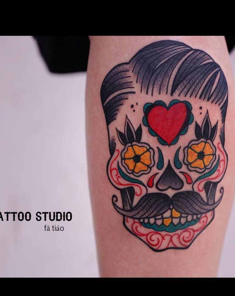 墨西哥骷髅纹身图片_腿部Old School老传统骷髅头墨西哥纹身图案