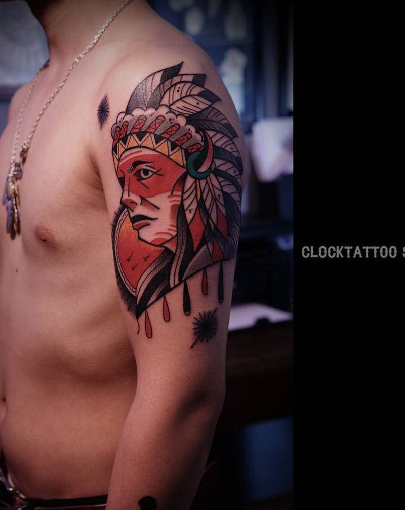 印第安酋长纹身图片_手臂老传统Old School印第安酋长纹身图案