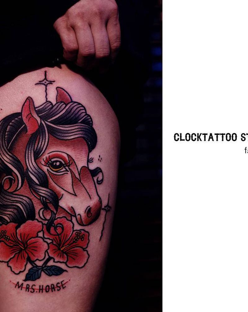 马儿纹身图片_腿部臀部老传统Old School马花纹身图案