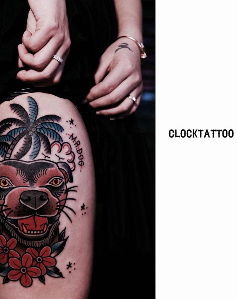 狗子纹身图片_腿部臀部老传统Old School狗子花纹身图案