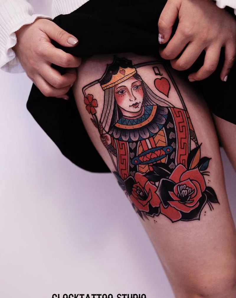 Queen纹身图片_臀部腿部老传统Old School扑克女王纹身图案