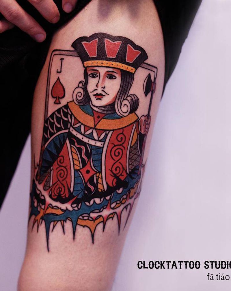 King纹身图片_臀部腿部Old School老传统扑克王者纹身图案