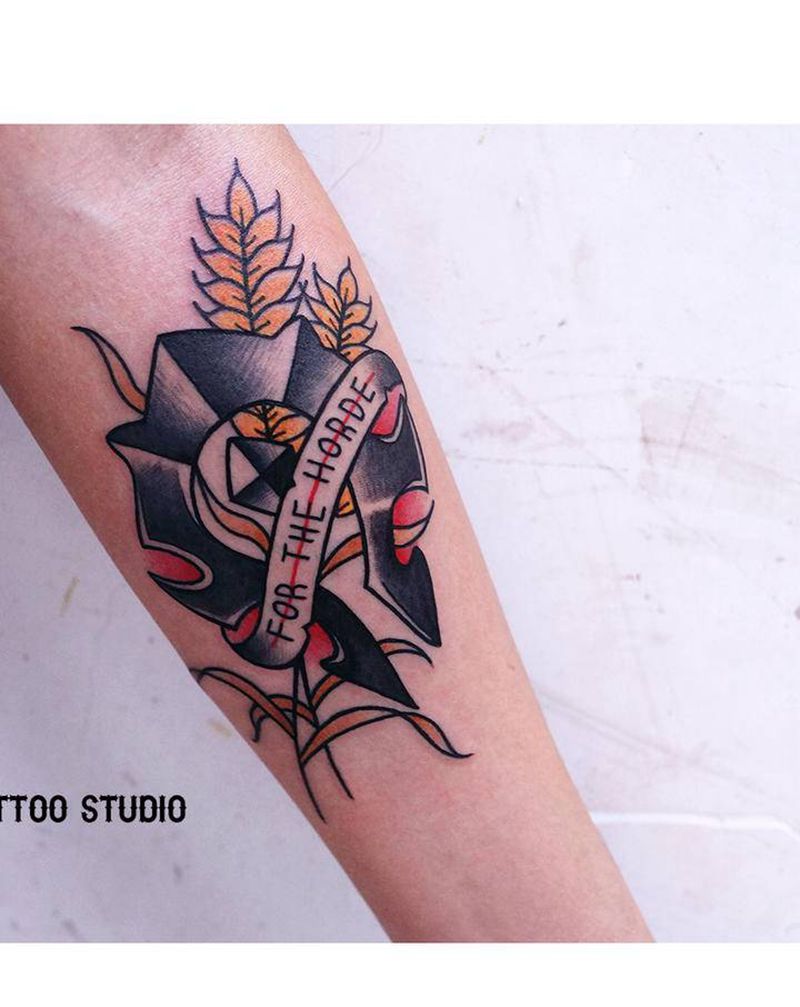 为了部落！纹身图片_手臂老传统Old School徽章麦子纹身图案