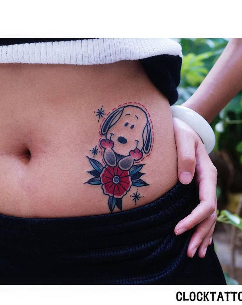 史努比纹身图片_腹部Old School老传统史努比纹身图案