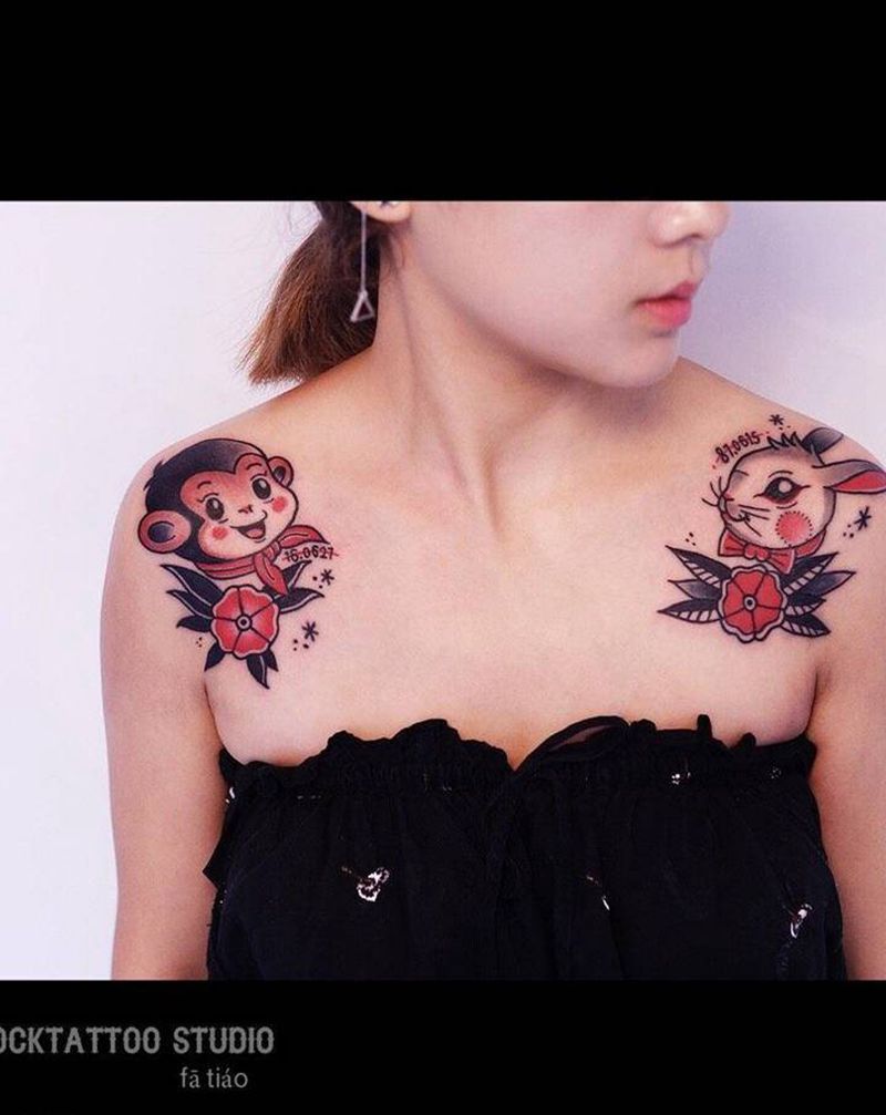 兔子和猴宝宝纹身图片_胸部肩部Old School老传统猴子兔子纹身图案