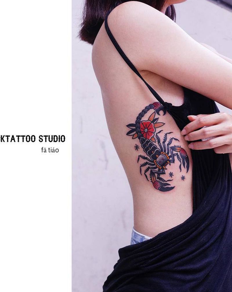 天蝎座纹身图片_腹部老传统Old School蝎子纹身图案