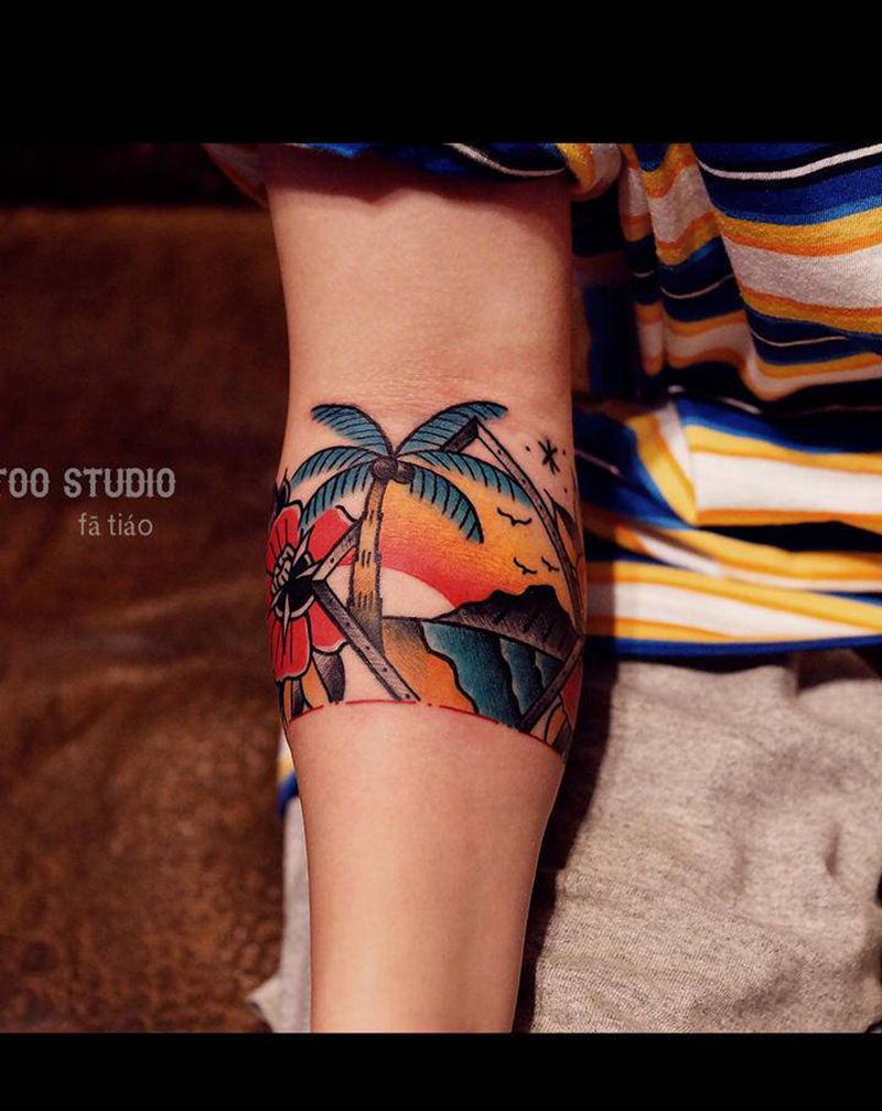 臂环玫瑰沙滩纹身图片_手臂老传统Old School玫瑰沙滩臂环纹身图案