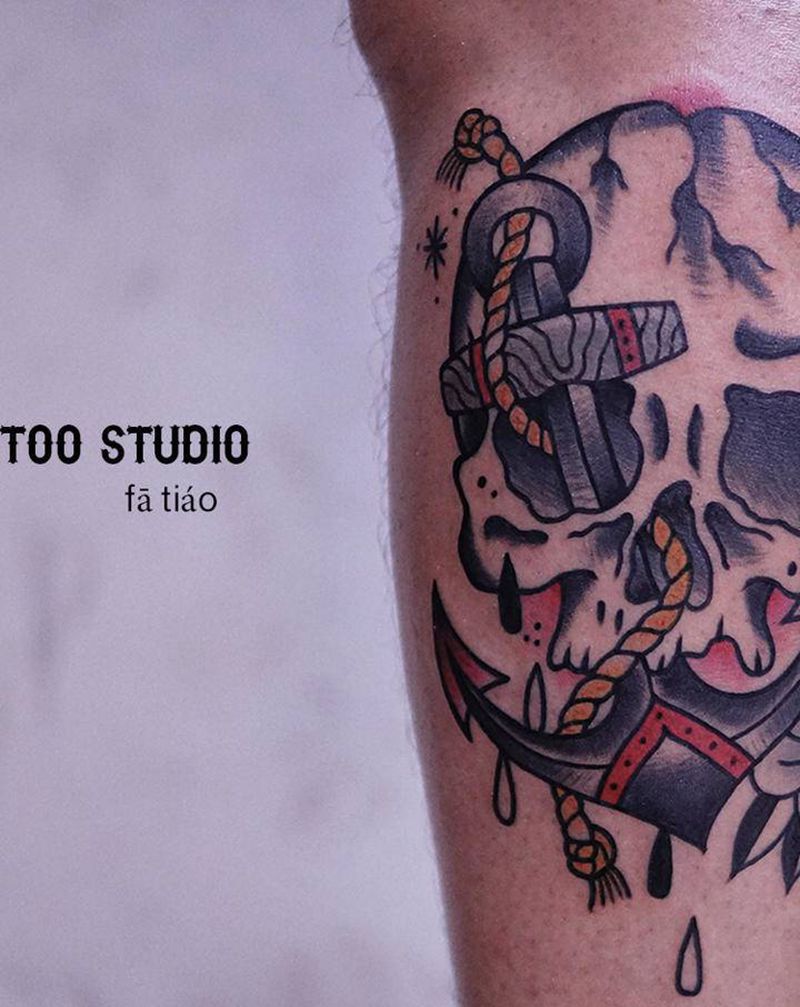 船锚骷髅纹身图片_腿部老传统Old School船锚骷髅纹身图案