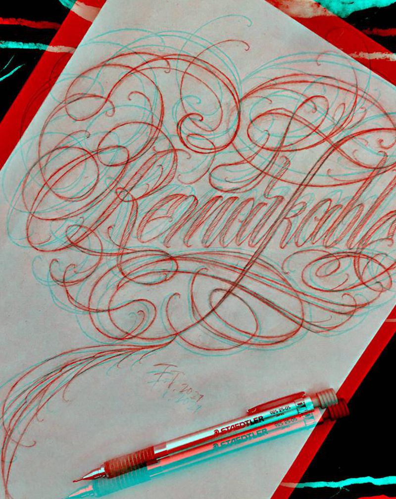 心形花体字纹身图片_腿部臀部花体字字母单词名字纹身图案