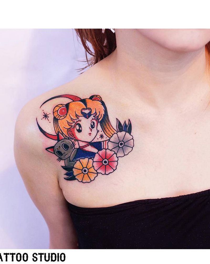 水冰月纹身图片_胸部Old School老传统水冰月美少女战士纹身图案