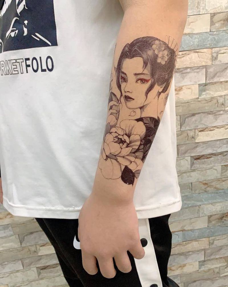 艺妓纹身图片_手臂新传统纹身图案