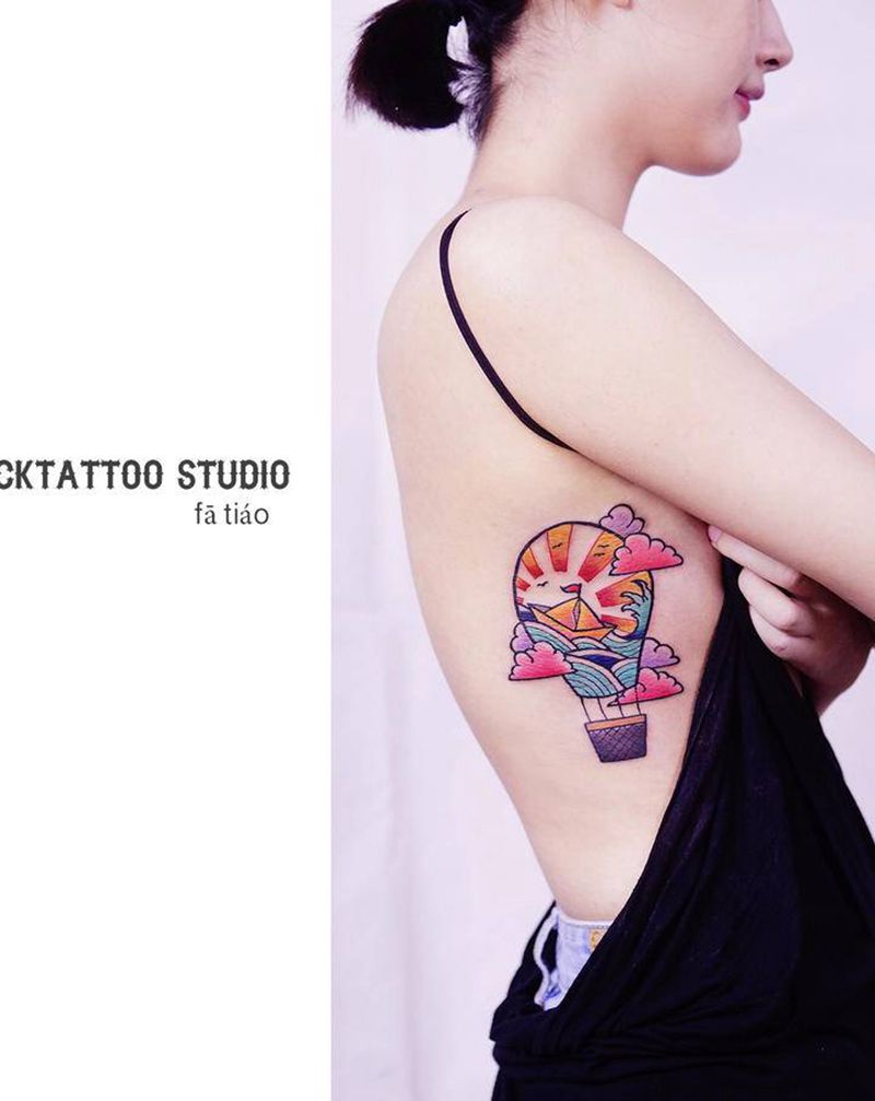 热气球纹身图片_腰部New SchoolOld School热气球纹身图案