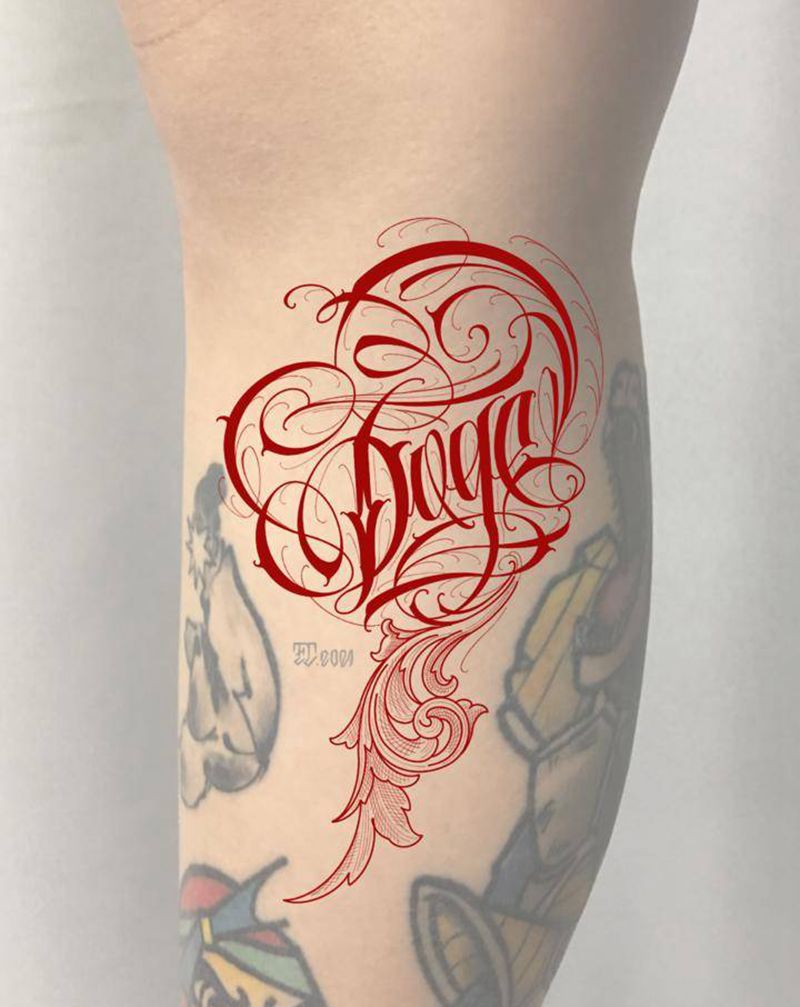 定制爱心花体纹身图片_腿部花体字字母纹身图案