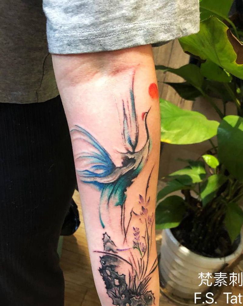 仙鹤纹身图片_手臂水墨纹身图案