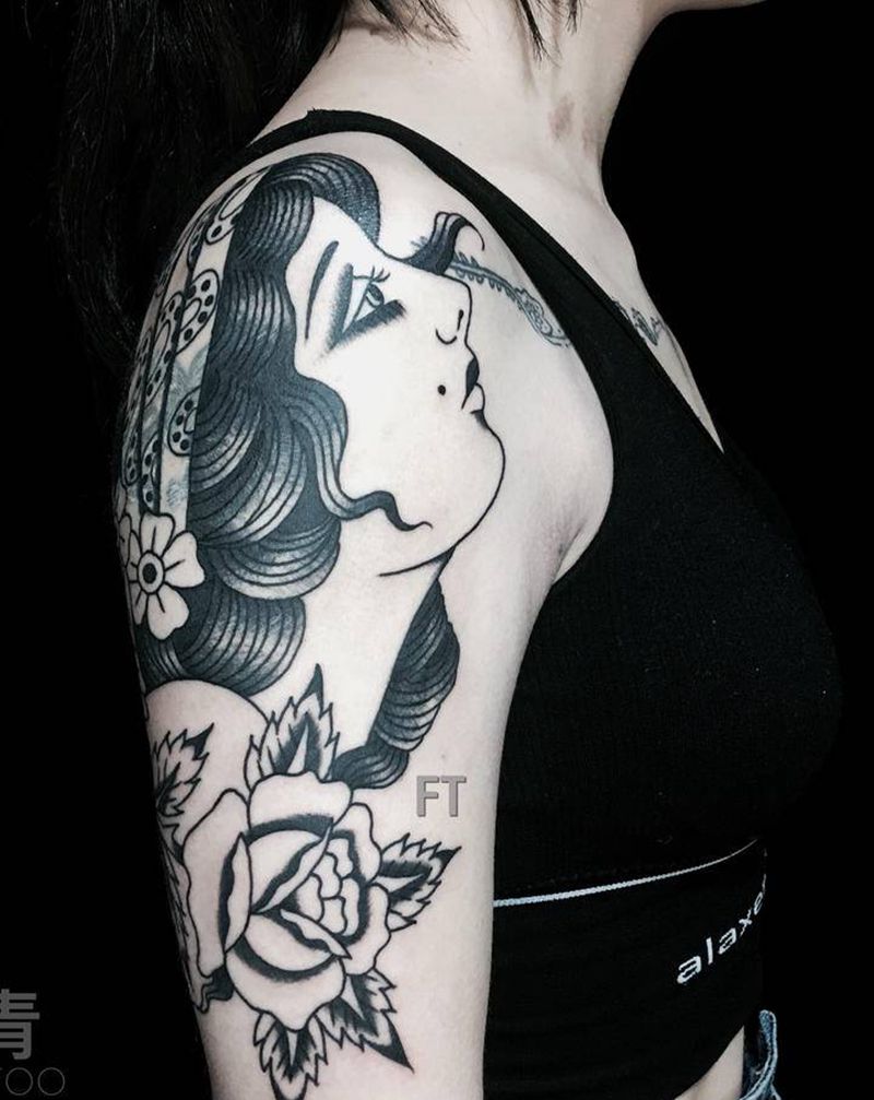 美式old school女郎纹身图片_手臂Old School女郎纹身图案