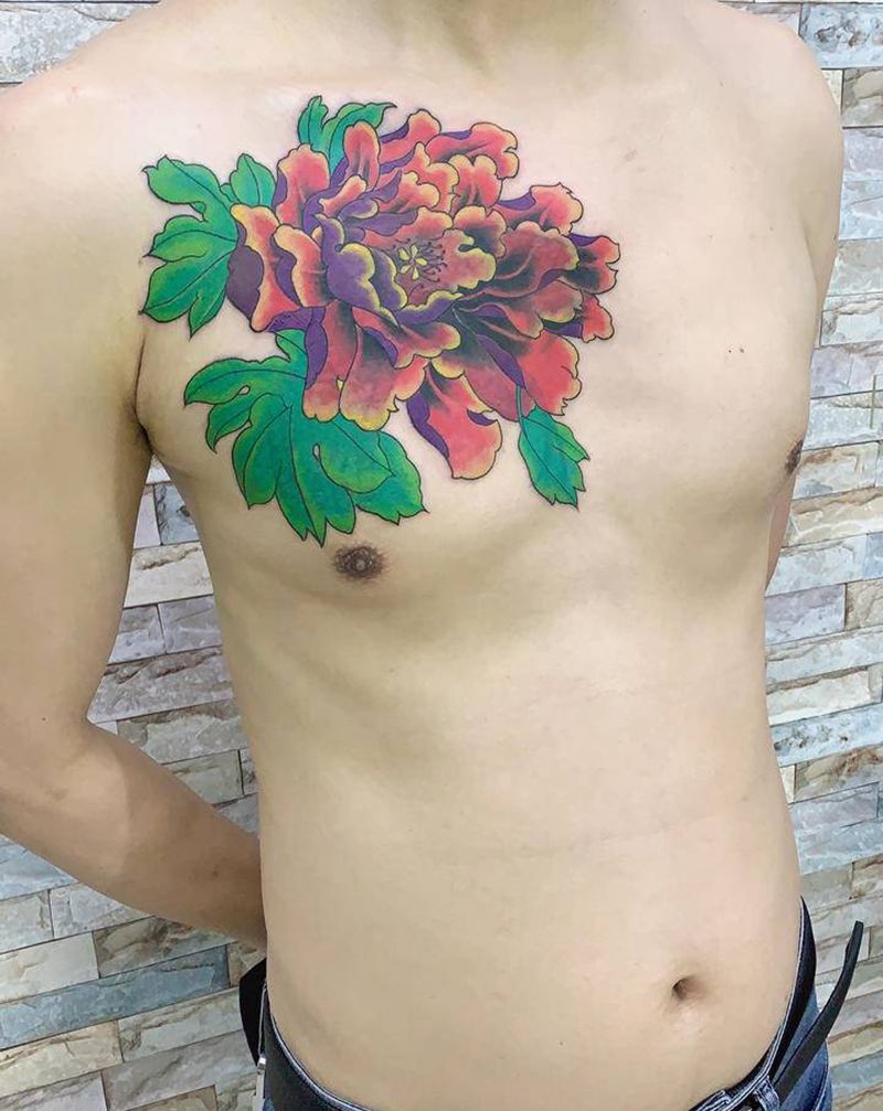 牡丹花纹身图片_胸部老传统纹身图案