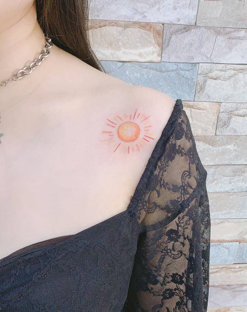 彩虹太阳纹身图片_肩部新传统纹身图案