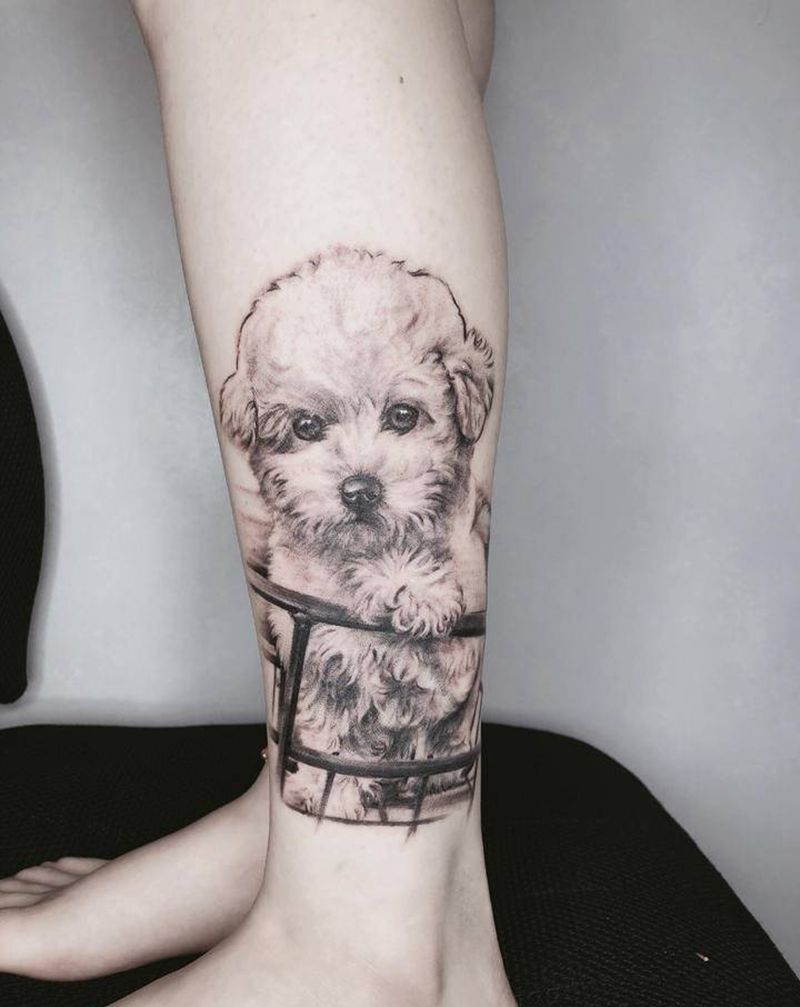 篓子里的萌宠纹身图片_腿部欧美写实纹身图案