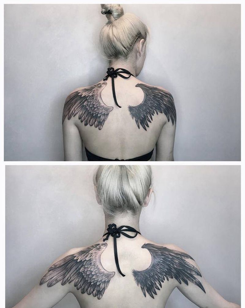 翅膀纹身图片_背部欧美写实纹身图案