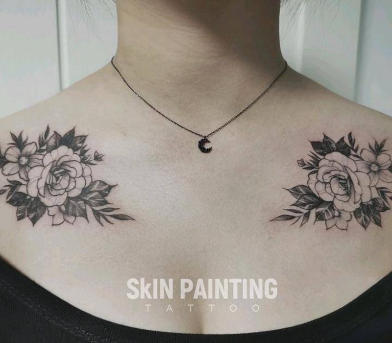 对称素花纹身图片_胸部纹身图案