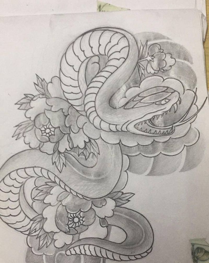 临摹绘画日式蛇纹身图片_新传统纹身图案