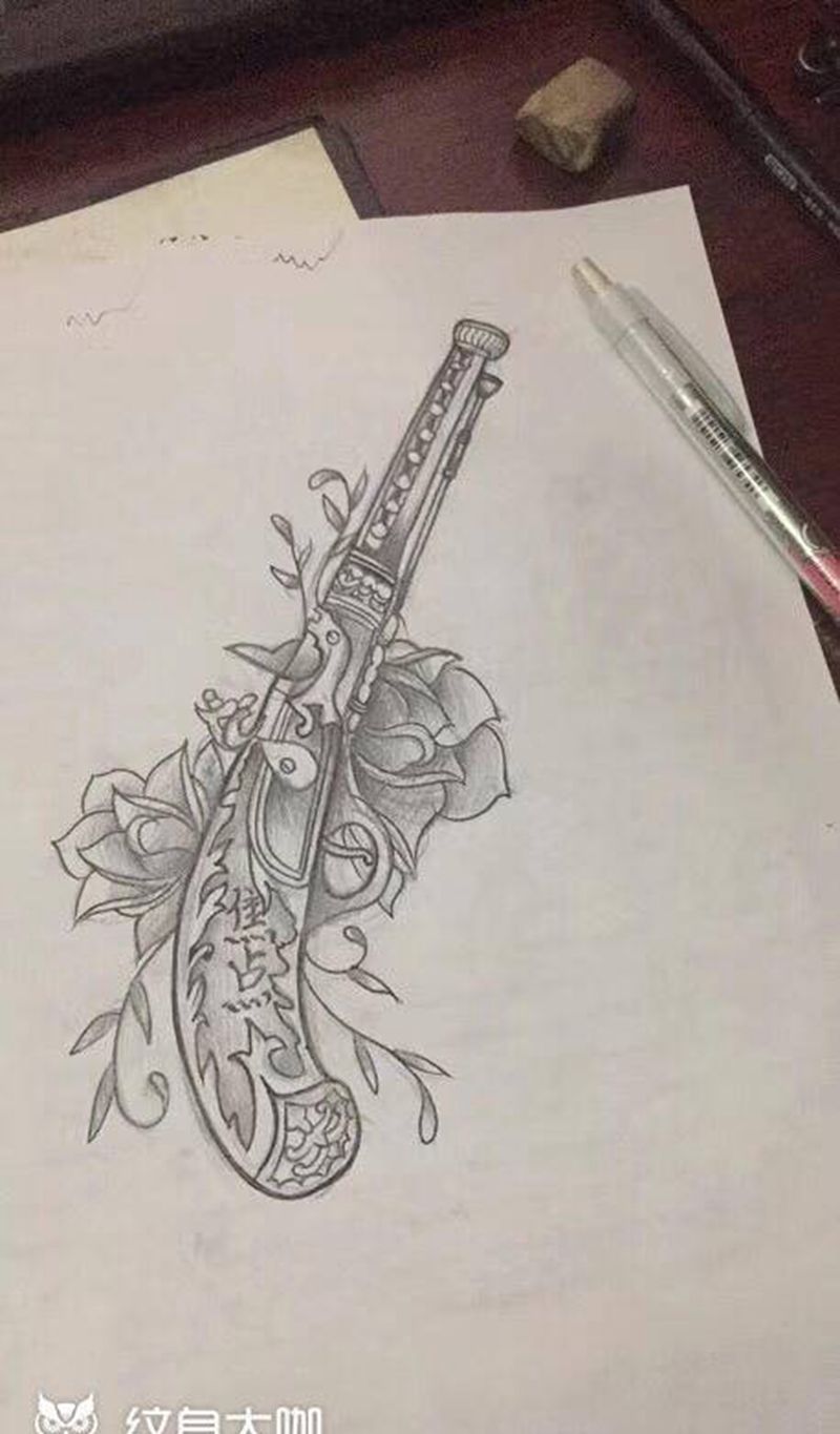 绘画作品手枪纹身图片_新传统纹身图案
