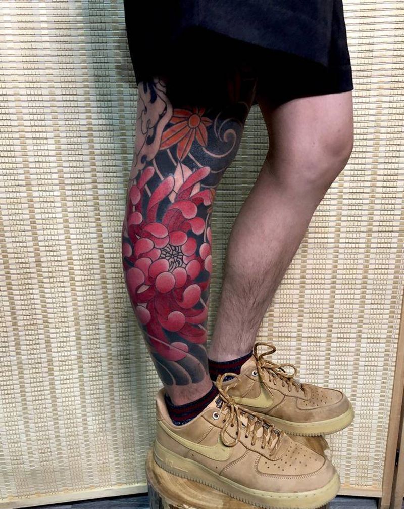 花腿（未完成）纹身图片_腿部老传统纹身图案