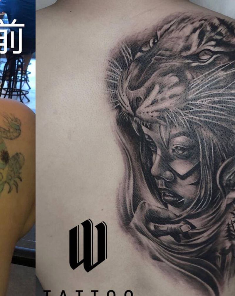 遮盖纹身图片_背部欧美写实纹身图案