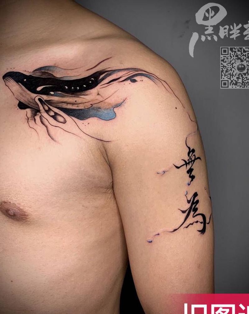 鲸鱼，字纹身图片_肩部手臂纹身图案