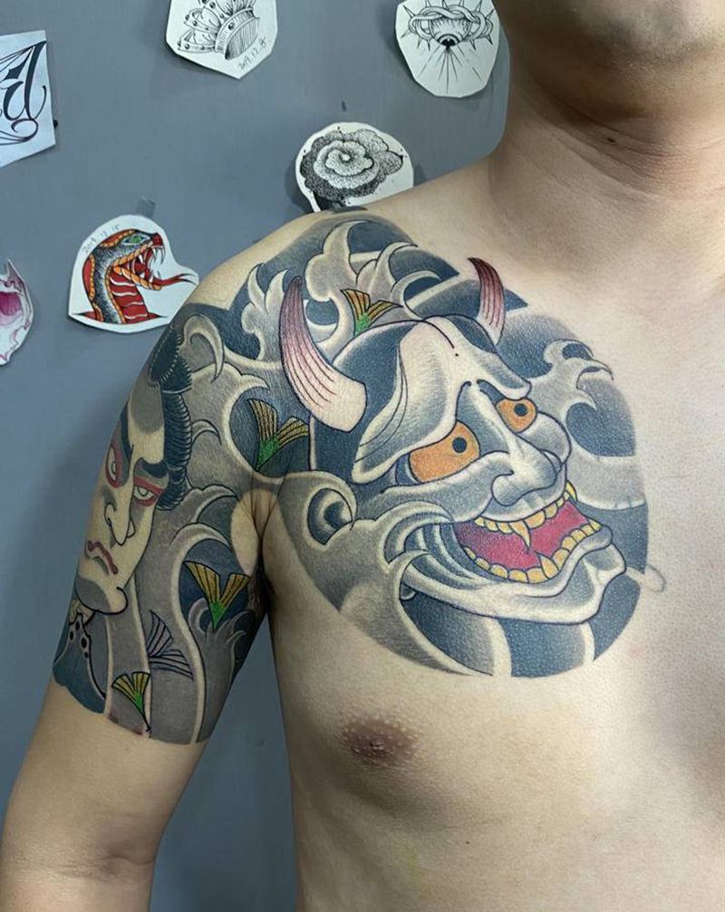 日式半胛纹身图片_胸部手臂老传统纹身图案