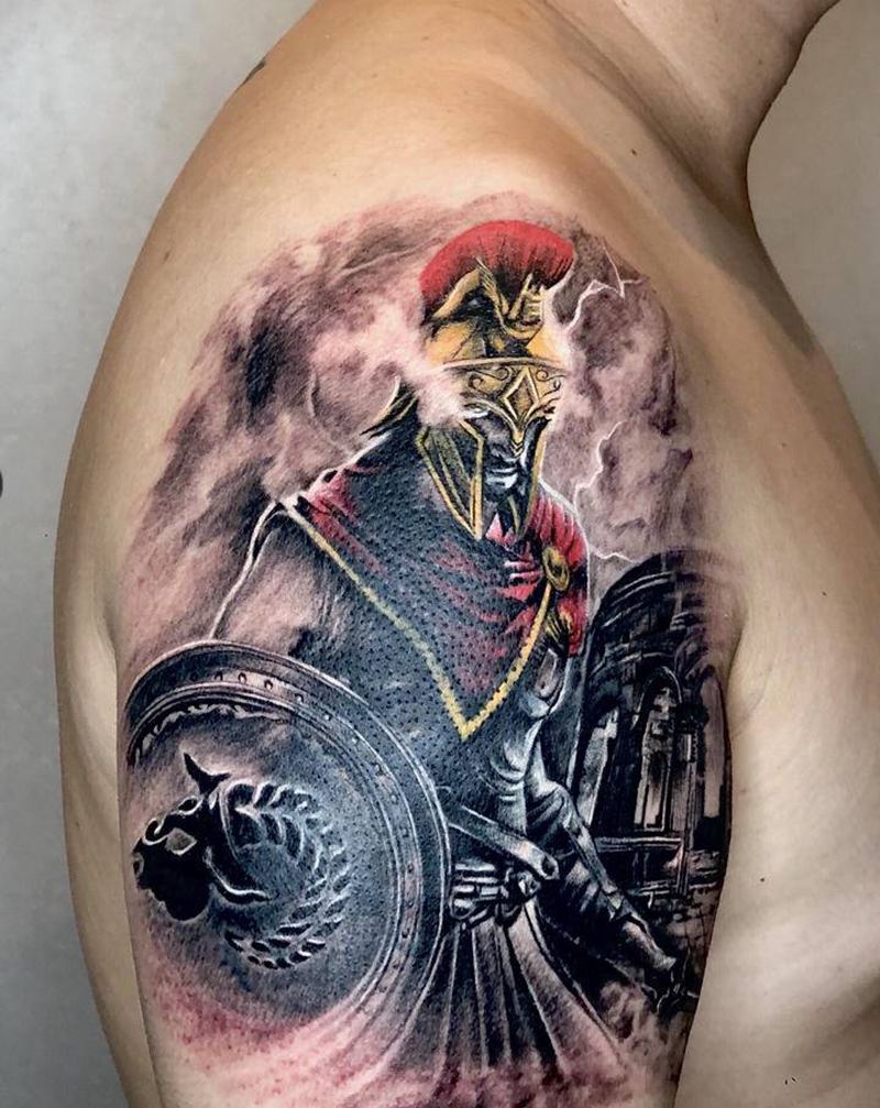 斯巴达遮盖纹身图片_手臂欧美写实纹身图案