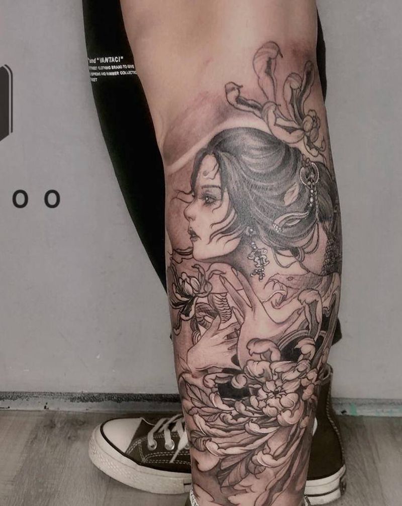 艺妓纹身图片_腿部新传统纹身图案