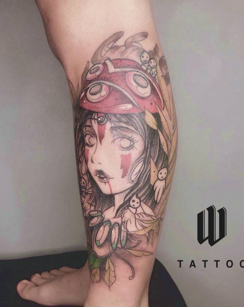 幽灵公主纹身图片_腿部水彩纹身图案