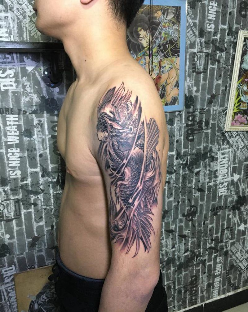 凤凰朱雀纹身图片_手臂新传统纹身图案