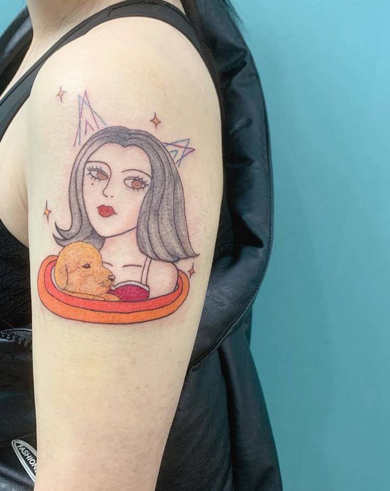 女孩和宠物纹身图片_手臂Old School纹身图案