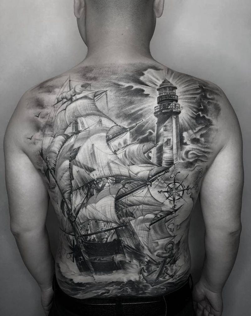 帆船纹身图片_背部欧美写实纹身图案