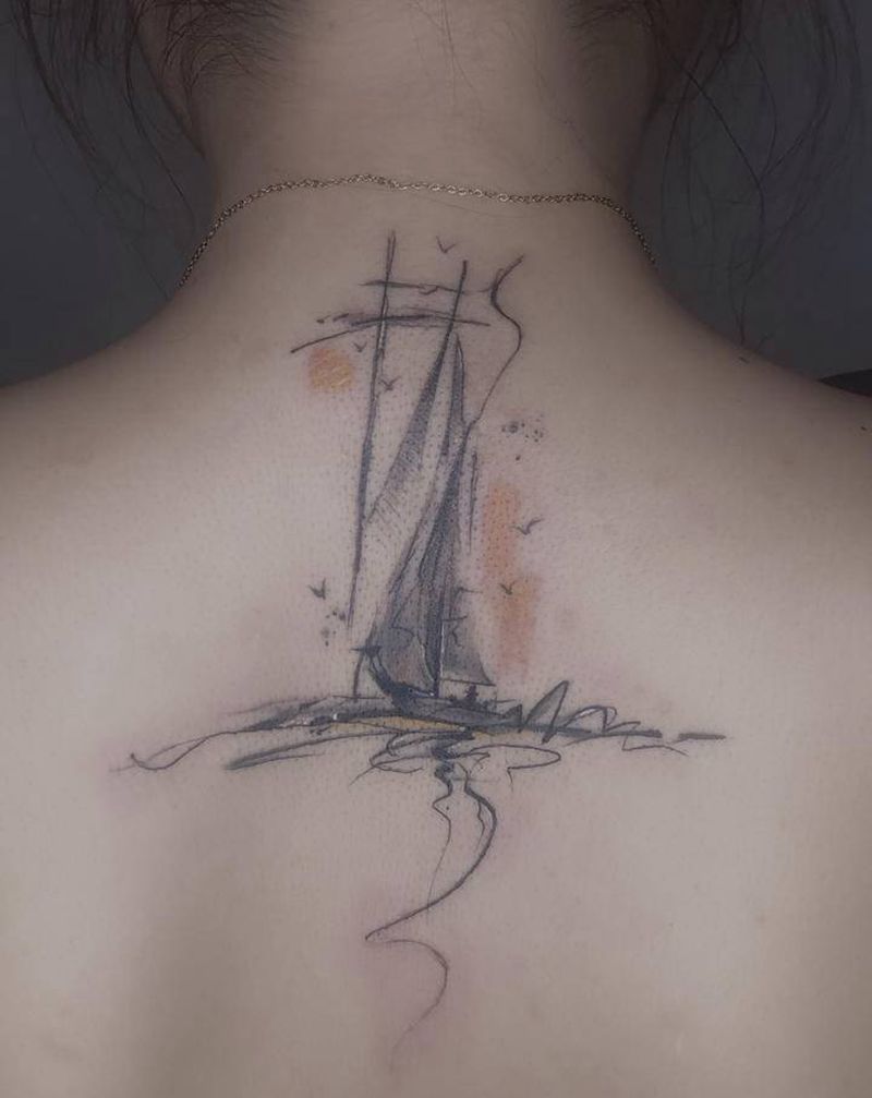 水墨帆船纹身图片_背部水墨纹身图案