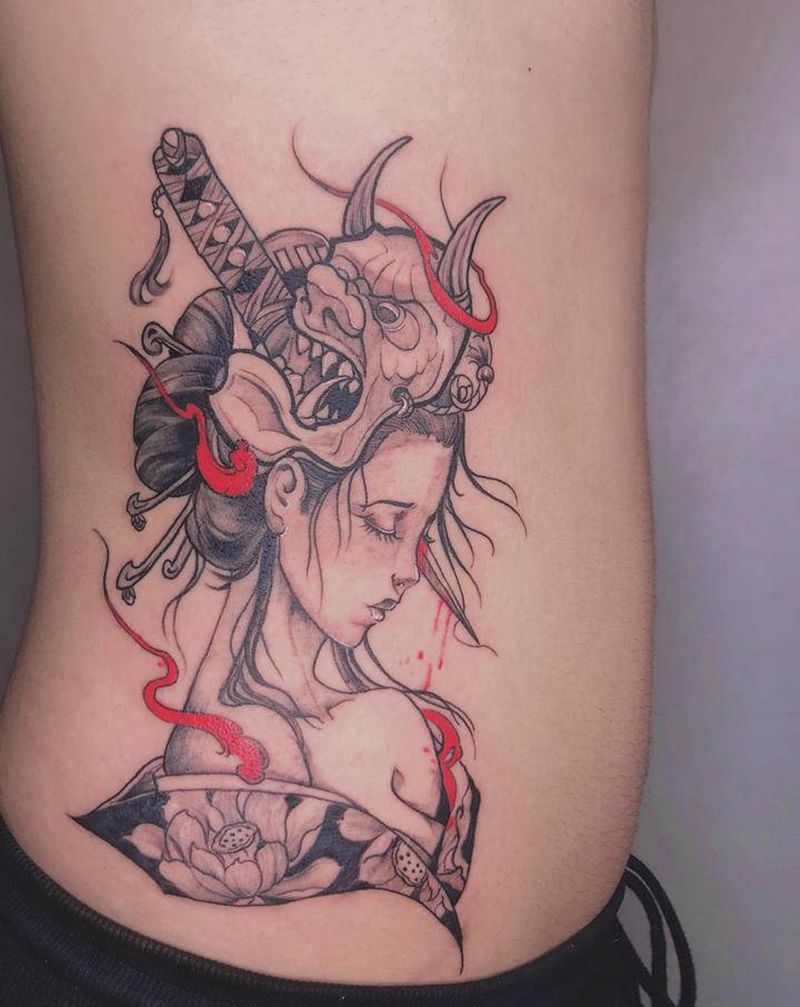 艺妓纹身图片_腰部新传统纹身图案